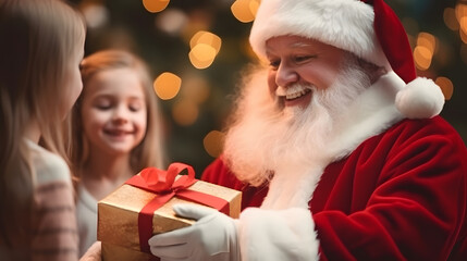 Fototapeta na wymiar Santa Claus giving christmas gift to children in december