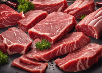 Variety of fresh raw red meat cuts in a store With copyspace for text