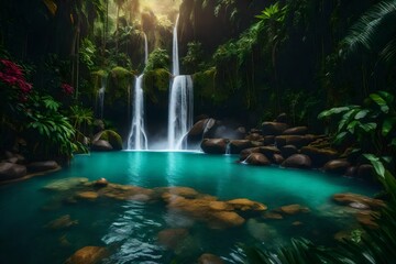 A paradise in the tropics with waterfalls and exotic birds.
