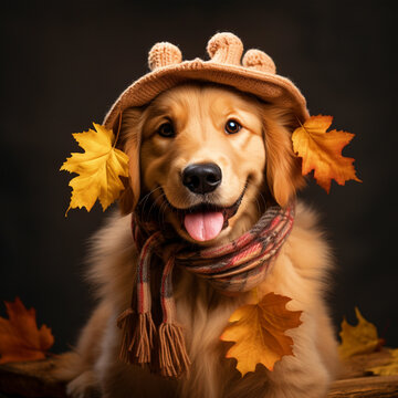 Cute dog dressed in winter clothes ready for fall season - ai generative
