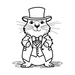 Groundhog Day February 2nd. Cute baby animal beaver. Coloring book Groundhog Day in a top hat and frock coat. Meteorologist