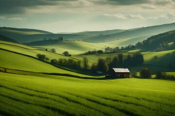 A serene rural view featuring a farmhouse, hills, and trees.