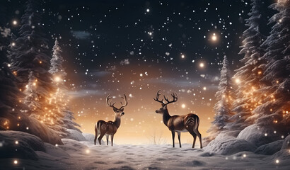 Two reindeers in jungle at winter night - obrazy, fototapety, plakaty