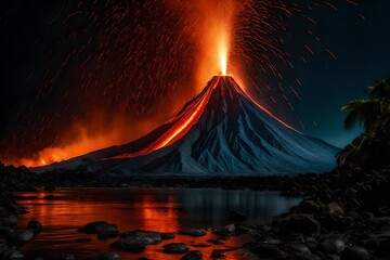 n impressive, fiery volcano exploding in a tropical environment.