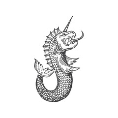 Medieval heraldic animal monster sketch. Fantasy creature, magic animal or horned sea monster, medieval narwhal heraldic etching vector emblem. Mythical beast ancient coat of arms, sketch insignia © Vector Tradition