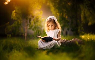 Little girl reading holy bible book in the green field at sunrise - obrazy, fototapety, plakaty