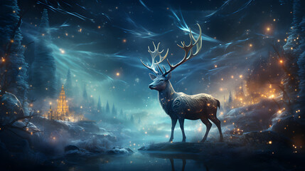 A reindeer in the jungle at winter night