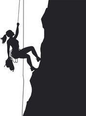 silhouette of a trekking girl climbing mountain with a rope vector - obrazy, fototapety, plakaty