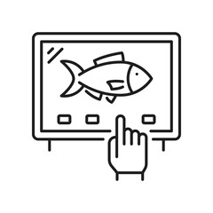 Fish on screen, fishing industry line icon. Manufacturing of ready-made fish products. Vector marine sea products manufacture