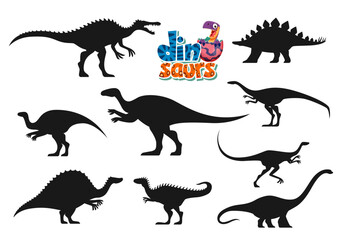 Cartoon dinosaurs funny characters silhouettes. Suchomimus, Dravidosaurus, Probactrosaurus and Hypacrosaurus, Elaphrosaurus, Ouranosaurus and Alectrosaurus dinosaur personages vector silhouettes