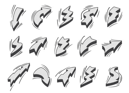 Lightning thunderbolt comic arrows, monochrome cartoon flash energy, vector icons. Thunder bolt arrow symbols in doodle sketch with retro pop art halftone, lighting or super hero power arrows