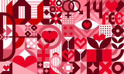 Valentine modern geometric pattern with abstract love hearts and geometric shapes. Vector background of romantic holiday geometry mosaic. Pink circles, squares, red hearts and gifts bauhaus backdrop - obrazy, fototapety, plakaty