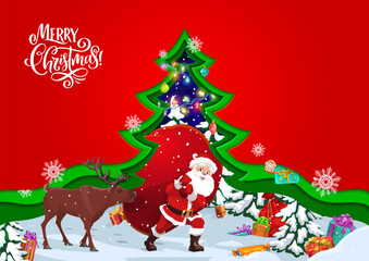 Naklejka premium Christmas paper cut pine tree with santa on sleigh and presents on snow. Vector greeting card with 3d effect frame, cartoon Funny noel carry gift bag and deer near decorated spruce at holiday night