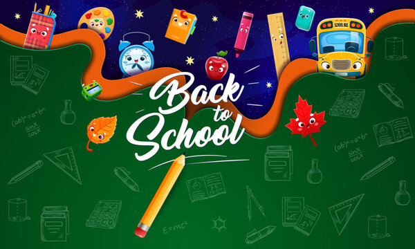 Back to school paper cut banner with education cartoon characters on blackboard background. Cute book, pencil, apple, ruler and school bus vector personages with 3d layered papercut borders