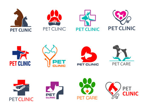 Pet clinic icons with dog and cat animals. Vector veterinary medicine, veterinarian hospital or pet shop symbols of dog or puppy, cat or kitten with heart, stethoscope, animal paw, medical cross signs