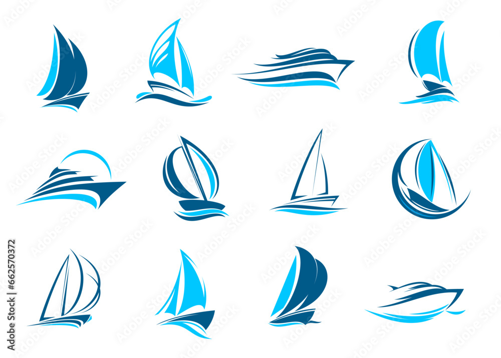 Wall mural yacht boat, sailing icon. yachting sport club, vacation marine tour or sea travel agency simple vect - Wall murals