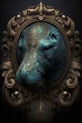Digital art of a hippopotamus head in a gold frame. The hippopotamus is depicted in a realistic style, with its wide mouth and powerful jaws. The gold frame adds a touch of luxury