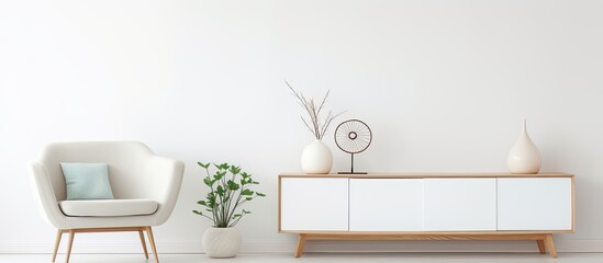 Minimalist Nordic inspired decor with furnishings and decor pieces With copyspace for text