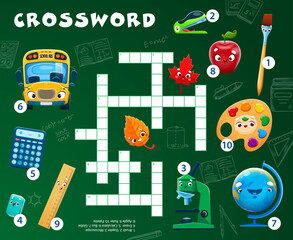 Naklejka premium Crossword quiz game. School education stationery cartoon characters word grid puzzle worksheet. Vector cute school bus, microscope, calculator and ruler, apple, brush and globe personages kids game