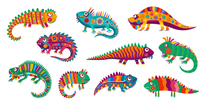 Cartoon Mexican iguana lizard characters, reptiles with ethnic ornament, vector funny animals. Iguanas lizard with Mexican folk art pattern ornament, tropical lizard or gecko with cute faces