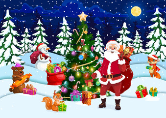 Christmas paper cut winter forest with snow, cartoon Santa, presents and holiday characters. Vector Xmas tree with funny snowman, Santa Claus and animal personages, festive lights, balls, gift boxes