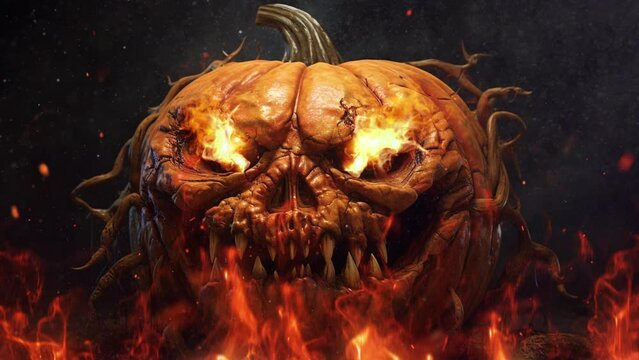 T&ecirc;te de citrouille d'Halloween effrayante en feu