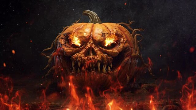 Citrouille d'Halloween effrayante au milieu des flammes