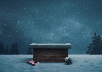 Santa was here: Christmas presents next to a chimney - obrazy, fototapety, plakaty