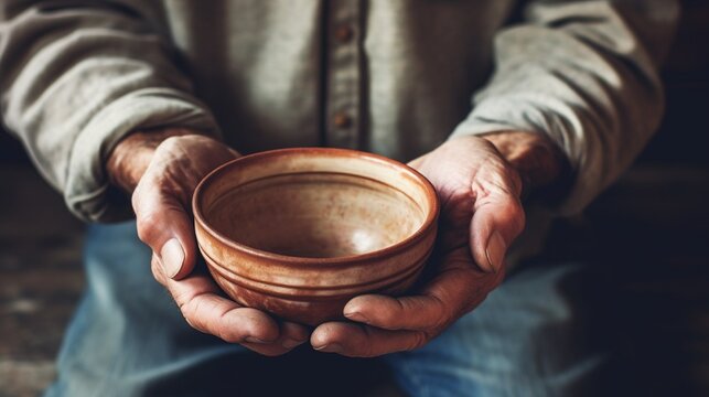 hands the poor old man's and empty bowl on wood background. The concept of hunger or poverty. Selective focus. Poverty in retirement.Homeless. Alms full ultra HD, High resolution