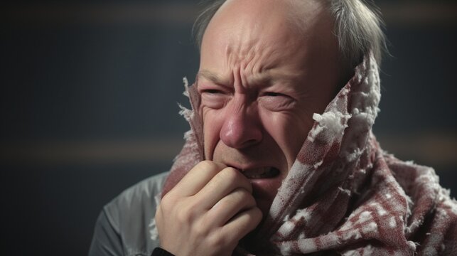 Head and shoulders of a middle-aged, balding man sneezing into a handkerchief while suffering from seasonal allergies or flu