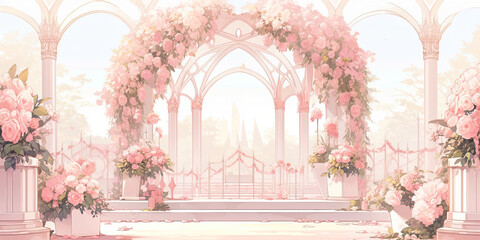Fototapeta premium Wedding flower arch floral archway anniversary background backdrop art, generated ai 