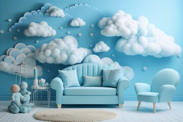 Fantasy blue  kid room with sofa, clouds decoration on a wall, shelves and toys, design concept of kids design services
