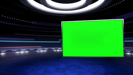 Virtual studio TV news show background, with a monitor. Ideal for online events, courses or webinars. 3D rendering backdrop suitable on VR tracking system stage sets, with green screen