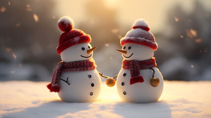 Obraz premium Two happy snowman family toys greeting greeting each other, celebrating Christmas and new year with family and friends concept photo background.