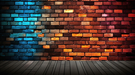 Brick wall textured room with orange and blue neon glow light, electric and grunge style dark futuristic brick wall background.