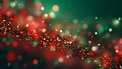 3D render Forest green and red christmas xmas abstract glitter sparkler background. de-focused wallpaper for template. presentation. copy text space.