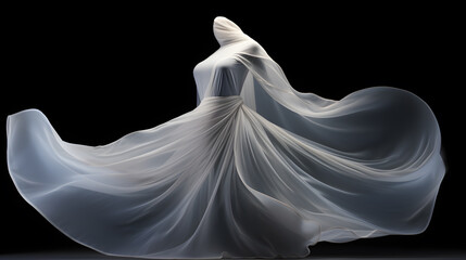 3D render mannequin display Silhouette of a woman draped with white sensual flowing flying silk cloth. for template and presentation. copy text space.
