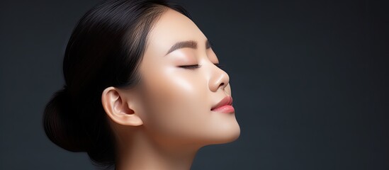 Asian woman with brown hair in ponytail touching her shoulder eyes closed focused on skincare With copyspace for text - obrazy, fototapety, plakaty