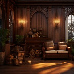 Begin with a rich, dark wood background to evoke a rustic and cozy atmosphere, Generative AI