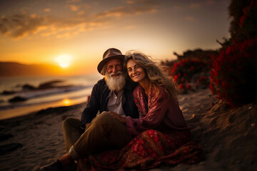 portrait of beautiful mature couple sitting together on sunset beach. togetherness. retirement. senior couple