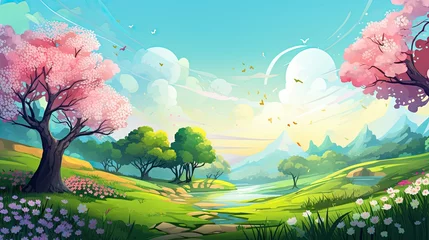 Poster Panorama of spring summer beautiful nature, green grasslands meadow, landscape background illustration. © Xabrina