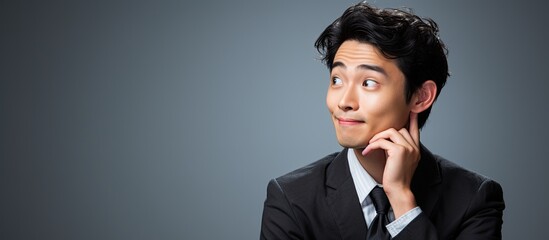 Amusing Asian man in deep thought With copyspace for text