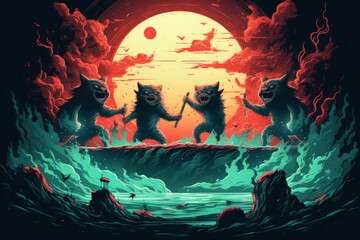 Fierce werewolves transforming under the light of the full moon - Generative AI