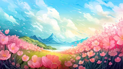 Foto op Canvas Panorama of spring summer beautiful nature, green grasslands meadow, landscape background illustration. © Xabrina