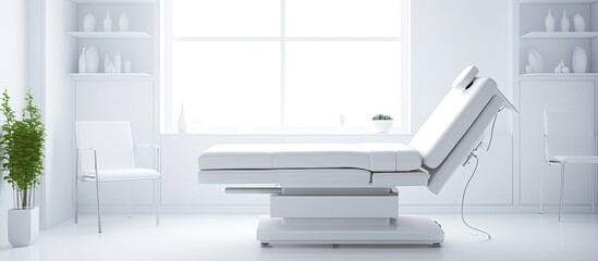 A white body treatment machine in a white room at a cosmetology center With copyspace for text - obrazy, fototapety, plakaty