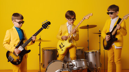 Fototapeta premium kids band performing isolated on yellow background 