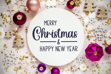 Fototapeta na wymiar Purple And Festive Christmas Background With Text Merry Christmas And Happy New Year