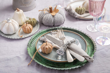 Autumn table setting with pumpkins. Thanksgiving holiday dinner and fall decoration