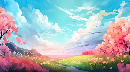 Obraz na płótnie Canvas Panorama of spring summer beautiful nature, green grasslands meadow, landscape background illustration.