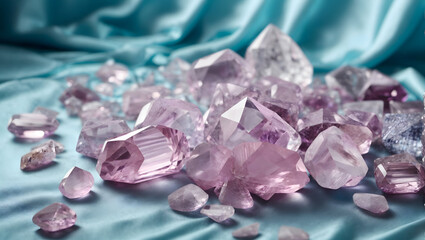 Kunzite crystals stones on blue background. Love and healing stones.